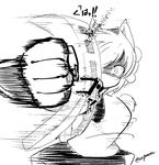  animal_ears artist_self-insert black_skirt blood crushing foreshortening greyscale hat hitting inubashiri_momiji monochrome motion_lines one_eye_covered outstretched_arm pom_pom_(clothes) shaded_face shirt skirt taurine_8000mg tokin_hat touhou translation_request twitter_username wolf_ears 