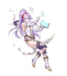  bangs bare_shoulders belt book boots bridal_gauntlets dress fire_emblem fire_emblem:_seisen_no_keifu fire_emblem_heroes full_body highres holding holding_book long_hair looking_away official_art open_mouth ponytail purple_eyes purple_hair purple_legwear shoes solo thighhighs tiltyu_(fire_emblem) torn_clothes torn_legwear transparent_background 