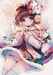  animal_print balloon bangs blunt_bangs blush bow brown_dress brown_hair bunny cloak dress fur_trim girls_frontline hair_bow highres long_sleeves looking_at_viewer m99_(girls_frontline) own_hands_together panties parted_lips print_panties purple_eyes red_bow short_hair snow_is solo stuffed_animal stuffed_bunny stuffed_toy tareme tears thighhighs thighs twiddling_fingers twitter_username underwear white_legwear 