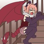  &gt;_&lt; &gt;o&lt; animal_ears closed_eyes d: dx fang from_side fur_collar grey_shorts hair_between_eyes highres indoors less lion_ears manticore_(monster_girl_encyclopedia) monster_girl monster_girl_encyclopedia non-web_source open_mouth paws pink_hair prehensile_tail railing red_shirt red_wings shirt shorts solo spikes squatting stairs stuck tail tears wings 