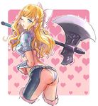  ass axe black_legwear blonde_hair blue_eyes bow breastplate breasts charlotte_(fire_emblem_if) cowboy_shot fire_emblem fire_emblem_if gauntlets glint hair_bow hashiko_(neleven) heart heart_background long_hair looking_at_viewer looking_back medium_breasts midriff one_eye_closed over_shoulder panties pink_background puckered_lips sketch solo twitter_username underwear weapon weapon_over_shoulder white_panties 