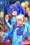  artist_name blue_eyes blue_hair blush candy_apple character_name dated eyebrows_visible_through_hair food happy_birthday hayase_mitsuki highres kimi_ga_nozomu_eien kisachi long_hair looking_at_viewer open_mouth ponytail smile solo 