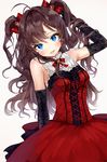  :3 arm_up bangs black_gloves blue_eyes blush bow brown_hair commentary dress elbow_gloves eyebrows_visible_through_hair gloves hair_bow hand_in_hair ichinose_shiki idolmaster idolmaster_cinderella_girls lace lace_gloves lib long_hair looking_at_viewer parted_lips red_bow red_dress simple_background smile solo two_side_up wavy_hair white_background 