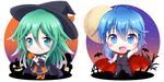  :d ahoge alternate_costume bat black_cape blue_eyes blue_hair cape chibi commentary_request detached_sleeves fang full_moon green_hair gu-rahamu_omega_x hair_ornament hairclip halloween hat holding jack-o'-lantern kantai_collection long_hair minazuki_(kantai_collection) moon multiple_girls open_mouth short_hair smile wand witch_hat yamakaze_(kantai_collection) 