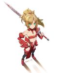  bare_shoulders black_legwear blonde_hair breasts cleavage collarbone fate/apocrypha fate/grand_order fate_(series) foreshortening from_above full_body green_eyes holding holding_sword holding_weapon midriff mordred_(fate) mordred_(fate)_(all) navel over_shoulder short_ponytail small_breasts solo standing sword sword_over_shoulder tansan_daisuki thighhighs weapon weapon_over_shoulder 