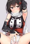 absurdres arm_up armpits bangs black_hair black_legwear black_neckwear blush breasts closed_mouth commentary_request detached_sleeves double-breasted eyebrows_visible_through_hair frills grey_background hair_between_eyes hair_ornament half-closed_eyes highres jaku_denpa kantai_collection lips looking_at_viewer medium_breasts neckerchief over-kneehighs pelvic_curtain purple_eyes remodel_(kantai_collection) scarf sendai_(kantai_collection) shadow short_hair sidelocks sitting sleeveless smile solo spread_legs thighhighs thighs tsurime white_scarf 