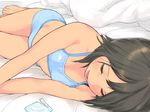  barefoot bed bed_sheet blue_bra blue_panties bra brown_hair closed_eyes condom_wrapper flat_chest kikurage_(crayon_arts) lying on_side open_mouth original outstretched_arms panties short_hair sleeping solo training_bra underwear underwear_only 