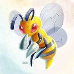  beedrill eric_proctor full_body gen_1_pokemon looking_at_viewer no_humans pokemon pokemon_(creature) red_eyes signature solo wings 