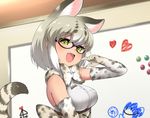  :d ai_ai_gasa animal_ears black-framed_eyewear blush bow bowtie breasts cat_ears cat_tail commentary_request drawing elbow_gloves fang glasses gloves green_eyes heart indoors kemono_friends looking_at_viewer lucky_beast_(kemono_friends) margay_(kemono_friends) margay_print medium_breasts multicolored_hair open_mouth ransusan short_hair silver_hair sleeveless smile solo tail upper_body white_hair whiteboard 