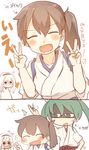  2koma 3girls :d anger_vein artist_name blue_ribbon blush_stickers breasts brown_hair chop closed_eyes comic commentary double_v eyebrows_visible_through_hair green_hair hair_between_eyes hair_tie hairband ina_(1813576) japanese_clothes kaga_(kantai_collection) kantai_collection kimono long_hair multiple_girls open_mouth personality_switch ribbon shaded_face short_sleeves shoukaku_(kantai_collection) side_ponytail simple_background smile straight_hair tasuki translated twintails v white_background white_hair white_kimono zuikaku_(kantai_collection) 