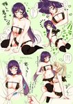  ayase_eli bat_wings bikini blonde_hair breasts cat_teaser commentary_request eyepatch_bikini green_eyes highres large_breasts love_live! love_live!_school_idol_project low_twintails multiple_girls purple_hair skirt swimsuit thighhighs toujou_nozomi twintails wings yuri zawawa_(satoukibi1108) 