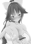  1girl azur_lane bow breasts commentary_request greyscale hair_bow halterneck handjob hetero high_ponytail highres large_breasts monochrome one-piece_swimsuit penis ponytail suiren_(mystia6b) swimsuit takao_(azur_lane) underboob upper_body 