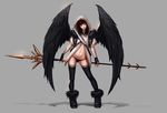  angel bangs black_footwear black_gloves black_hair black_legwear black_panties black_wings blunt_bangs boots brown_eyes closed_mouth commentary contrapposto cross feathered_wings fingerless_gloves full_body fur-trimmed_boots fur_trim gloves grey_background highres holding holding_weapon hood hood_up hooded_robe jungon_kim lipstick long_hair looking_at_viewer makeup navel panties photoshop_(medium) polearm red_lipstick robe short_sleeves solo spear standing thighhighs underwear weapon wings 