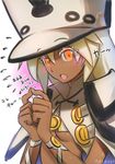  artist_name blush breasts dark_skin eyebrows_visible_through_hair guilty_gear guilty_gear_xrd hat large_breasts long_hair looking_at_viewer open_mouth orange_eyes ramlethal_valentine solo tansan_daisuki translation_request underboob upper_body white_hair white_hat 