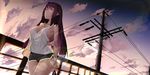  :o alternate_costume arm_behind_back backlighting bangs bare_arms bare_shoulders black_panties black_shorts blush breasts casual cleavage cloud cloudy_sky collarbone cowboy_shot day fate_(series) fence from_below gym_shorts hand_on_own_arm highres holding_arm large_breasts lens_flare long_hair looking_away looking_up outdoors panties parted_lips purple_eyes purple_hair scathach_(fate)_(all) scathach_(fate/grand_order) short_shorts shorts side-tie_panties sky sleeveless solo tank_top telephone_pole tok underwear very_long_hair 