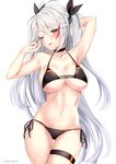  ;p arm_up armpits artist_name ass_visible_through_thighs azur_lane bikini black_bikini breasts brown_eyes choker cleavage cowboy_shot earrings eyebrows_visible_through_hair hair_between_eyes hair_ribbon jewelry kaetzchen large_breasts long_hair mole mole_on_breast multicolored_hair navel one_eye_closed prinz_eugen_(azur_lane) ribbon side-tie_bikini silver_hair simple_background solo streaked_hair swimsuit thigh_gap thigh_strap tongue tongue_out two_side_up underboob very_long_hair 