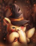  black_eyes black_hat blurry blurry_background depth_of_field fur gen_1_pokemon half-closed_eye halloween_costume hat looking_at_viewer no_humans pikachu pokemon pokemon_(creature) realistic sandra_winther signature upper_body whiskers witch_hat 