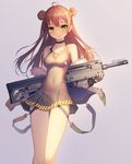  ahoge bangs black_dress blush bow breasts brown_hair bullpup closed_mouth commentary_request double_bun dress girls_frontline green_bow green_eyes gun hair_bow holding holding_gun holding_weapon kel-tec_rfb long_hair looking_at_viewer medium_breasts no.aei rfb_(girls_frontline) rifle short_dress sidelocks smile solo suspenders thighs twitter_username weapon 