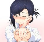  ;) black_hair blush brown_eyes collared_shirt commentary_request eyewear_lift glasses hair_ornament hairclip happy happy_tears highres holding_hands jewelry long_sleeves one_eye_closed original out_of_frame pov pov_hands proposal ring saeki_haruko shirt smile take_(shokumu-taiman) tears tied_hair wavy_mouth wedding_band white_shirt wiping_tears 
