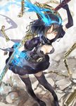  alice_(sinoalice) belt black_dress black_footwear black_gloves black_hair black_legwear blue_fire blue_hairband breasts brown_eyes cleavage cruel_gz dress elbow_gloves feet_out_of_frame fire gloves hairband highres holding leaning_forward looking_at_viewer loose_belt medium_breasts puffy_short_sleeves puffy_sleeves short_hair short_sleeves sinoalice smile solo standing sword thighhighs weapon zettai_ryouiki 