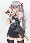  1girl assault_rifle bangs black_legwear blue_skirt blunt_bangs blush breasts casual collared_shirt eyebrows_visible_through_hair facial_mark girls_frontline glasses gloves green_eyes gun h&amp;k_hk416 hair_ornament hair_ribbon heckler_&amp;_koch high-waist_skirt highres hk416_(girls_frontline) holding holding_gun holding_weapon long_hair looking_away medium_breasts open_mouth persocon93 ponytail red-framed_eyewear red_neckwear ribbon rifle shirt silver_hair skindentation skirt sleeves_rolled_up solo teardrop thighhighs very_long_hair weapon white_shirt 