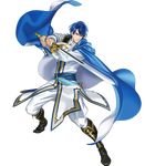  blue_eyes blue_hair boots cape detached_sleeves fire_emblem fire_emblem:_seisen_no_keifu fire_emblem_heroes full_body highres holding holding_sword holding_weapon ipev knee_boots long_sleeves looking_away male_focus official_art pants sheath sigurd_(fire_emblem) solo sword transparent_background tyrfing_(fire_emblem) weapon 