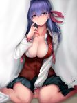  1girl between_legs blush breasts cleavage collared_shirt dress fate/stay_night fate_(series) hair_ribbon hand_between_legs hand_up highres large_breasts long_hair long_sleeves looking_at_viewer loose_neckwear matou_sakura open_mouth partially_unbuttoned piukute062 purple_eyes purple_hair red_ribbon red_vest ribbon school_uniform shirt signature sitting solo vest wariza white_shirt 