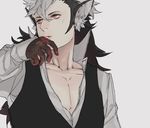  animal_ears black_hair fire_emblem fire_emblem_if flannel_(fire_emblem_if) gloves grey_background long_hair male_focus multicolored_hair pectorals pixiv14364901 red_eyes scar simple_background solo tongue tongue_out two-tone_hair white_hair wolf_ears 
