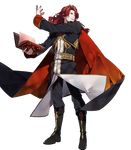  88_taho alvis_(fire_emblem) book boots cape detached_sleeves fire_emblem fire_emblem:_seisen_no_keifu fire_emblem_heroes full_body highres holding holding_book knee_boots long_hair long_sleeves looking_away male_focus official_art pants parted_lips red_eyes red_hair smile solo standing transparent_background 