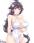  azur_lane blush bow breasts brown_eyes casual_one-piece_swimsuit choker cleavage cowboy_shot criss-cross_halter flower hair_bow hair_flower hair_ornament halterneck hand_on_own_stomach hasu_(hk_works) high_ponytail katana large_breasts long_hair looking_at_viewer navel one-piece_swimsuit open_mouth ponytail see-through simple_background solo swimsuit sword takao_(azur_lane) very_long_hair weapon white_background white_bow white_swimsuit 