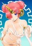  :o bandages blue_eyes blush bracelet breasts breasts_outside detached_sleeves double_bun fate/grand_order fate_(series) frankenstein's_monster_(fate) frankenstein's_monster_(swimsuit_saber)_(fate) hair_ornament hair_over_one_eye hairclip highres horn jewelry looking_at_viewer navel nipples pink_hair short_hair small_breasts solo tomatto_(@ma!) 