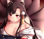  akagi_(azur_lane) animal_ears azur_lane breasts brown_hair cleavage commentary_request hair_ornament japanese_clothes kimono large_breasts leaning_forward long_hair multiple_tails neit_ni_sei off_shoulder open_clothes open_kimono parted_lips red_eyes smile solo tail wolf_ears wolf_tail 