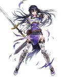  aira_(fire_emblem) armor armored_boots bangs belt belt_pouch black_hair boots breastplate broken_armor dress earrings elbow_gloves fire_emblem fire_emblem:_seisen_no_keifu fire_emblem_heroes full_body gloves highres holding holding_sword holding_weapon jewelry long_hair mayachise official_art open_mouth pauldrons pouch solo standing sword thighhighs torn_clothes torn_dress torn_legwear transparent_background weapon 