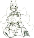 :&lt; animal_ears breasts closed_eyes closed_mouth dress eyebrows_visible_through_hair facing_viewer fox_ears fox_tail gigantic_breasts greyscale hat highres long_sleeves monochrome multiple_tails pillow_hat short_hair simple_background sketch solo space_jin standing tabard tail thick_thighs thighs touhou white_background wide_hips yakumo_ran 
