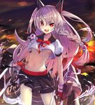  :d animal_ears azur_lane black_gloves breasts commentary_request dog fake_animal_ears fingerless_gloves gloves looking_at_viewer machinery medium_breasts minutachi navel open_mouth pleated_skirt red_eyes school_uniform serafuku silver_hair skirt slit_pupils smile tail tattoo turret underboob v-shaped_eyebrows wind wolf_tail yuudachi_(azur_lane) 