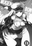  absurdres animal azur_lane bangs bird breasts cleavage collarbone eagle english enterprise_(azur_lane) eyebrows_visible_through_hair greyscale hand_on_hip hat highres jacket large_breasts leaning_forward long_hair midriff miniskirt monochrome off_shoulder open_clothes open_jacket pleated_skirt rating scan skirt smile solo thighhighs tomose_shunsaku very_long_hair wings zettai_ryouiki 