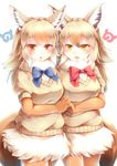  :d :o absurdres african_golden_wolf_(kemono_friends) animal_ears bangs blonde_hair blue_neckwear blue_ribbon blush commentary_request cowboy_shot eyebrows_visible_through_hair fur_collar golden_jackal_(kemono_friends) grey_shirt hair_between_eyes hands_together highres holding_hands interlocked_fingers jackal_ears jackal_tail japari_symbol kanzakietc kemono_friends long_hair looking_at_viewer multiple_girls neck_ribbon open_mouth orange_legwear pantyhose puffy_short_sleeves puffy_sleeves red_eyes red_ribbon ribbon shirt short_sleeves simple_background skirt smile standing tail white_background white_shirt wolf_ears wolf_tail yellow_eyes 