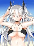 arms_up azur_lane beach bikini bikini_lift black_bikini breasts bureoeve choker commentary_request day hair_between_eyes hair_ribbon halterneck hands_in_hair heart heart-shaped_pupils highres iron_cross large_breasts long_hair looking_at_viewer mouth_hold navel ocean outdoors prinz_eugen_(azur_lane) red_eyes ribbon silver_hair sky solo swimsuit symbol-shaped_pupils two_side_up upper_body very_long_hair yellow_eyes 
