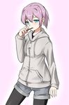  armedshipyard bangs black_legwear blue_eyes casual cat_zipper commentary cowboy_shot food food_in_mouth grey_hoodie grey_shorts hand_up hood hood_down hoodie kantai_collection long_sleeves looking_at_viewer mouth_hold pantyhose pink_background pink_hair pocket pocky ponytail shiranui_(kantai_collection) short_shorts shorts solo zipper 