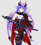  alternate_costume armor blue_eyes braid breasts cleavage expirednepbull hair_ornament highres long_hair looking_at_viewer neptune_(series) purple_hair purple_heart solo symbol-shaped_pupils thighhighs tied_hair twin_braids very_long_hair 