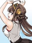  :d ahoge armpits arms_up breasts brown_hair dated gradient gradient_background hairband kantai_collection kongou_(kantai_collection) long_hair looking_at_viewer medium_breasts nontraditional_miko open_mouth sleeveless smile solo tatsumi_ray twitter_username upper_body 