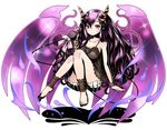  ankle_cuffs arm_support barefoot black_shirt blush breasts cleavage collarbone divine_gate full_body grey_shorts hair_between_eyes hair_ornament highres holding horns long_hair medium_breasts nail_polish pink_nails purple_hair purple_wings red_eyes shadow shirt short_shorts shorts simple_background sitting sleeveless sleeveless_shirt smile solo toenail_polish ucmm very_long_hair white_background wings wrist_cuffs 