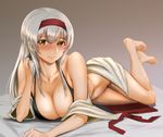  black_bra blush bra breasts cleavage closed_mouth collarbone crossed_legs feet full_body hair_between_eyes hairband hand_in_hair highres japanese_clothes kantai_collection kokuzoo large_breasts long_hair looking_at_viewer lying no_panties open_clothes pleated_skirt red_hairband red_skirt remodel_(kantai_collection) shoukaku_(kantai_collection) silver_hair skirt skirt_removed smile solo underwear yellow_eyes 