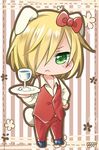  :&lt; animal_ears big_cat_shan blonde_hair bow cat_ears cat_tail chibi cosplay cup drinking_glass green_eyes hair_bow hair_over_one_eye hand_on_hip hello_kitty hello_kitty_(character) hello_kitty_(character)_(cosplay) male_focus striped striped_background tail tray waistcoat wine_glass yuri!!!_on_ice yuri_plisetsky 