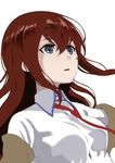  bad_id bad_twitter_id bangs blue_eyes brown_jacket collared_shirt commentary_request hair_between_eyes hoshizaki_reita jacket long_hair long_sleeves looking_afar makise_kurisu necktie off_shoulder parted_lips red_hair red_neckwear shirt simple_background solo steins;gate white_background white_shirt 