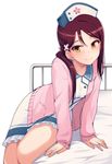  bed blush hat highres hospital_bed jacket long_hair looking_at_viewer love_live! love_live!_sunshine!! nanotsuki nurse nurse_cap on_bed pink_jacket red_hair sakurauchi_riko sitting sitting_on_bed smile solo yellow_eyes 