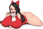  1girl ass bare_shoulders black_eyes black_hair blush bottomless breast_rest breasts butt_crack cookie_(touhou) curvy hair_ribbon hakurei_reimu huge_ass huge_breasts long_hair looking_at_viewer lying on_stomach oozon_(ozon) open_mouth puffy_nipples shiromiya_rei_(cookie) solo thick_thighs touhou 