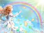  autumn_leaves bangs blue_sky cloud commentary_request day dress from_side hand_up hoshizaki_reita leaf light_particles long_hair looking_up no_mouth original outdoors profile rainbow reaching red_eyes short_sleeves signature sky solo standing white_dress 