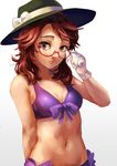  adjusting_eyewear bikini blush bow breasts brown_eyes brown_hair cleavage commentary_request fedora glasses gloves hat hat_bow highres looking_at_viewer navel parted_lips purple_bikini red-framed_eyewear semi-rimless_eyewear small_breasts solo stomach swimsuit touhou under-rim_eyewear upper_body usami_sumireko white_bow white_gloves yasaidon 