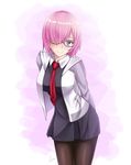  black_legwear blush breasts closed_mouth dated eyebrows_visible_through_hair fate/grand_order fate_(series) glasses hair_over_one_eye highres large_breasts looking_at_viewer mash_kyrielight pantyhose pink_hair purple_eyes red_neckwear rj_xiii short_hair signature smile solo 